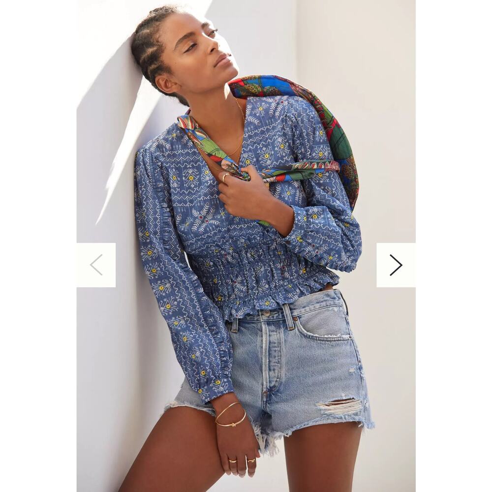Forever That Girl Anthropologie Wmn's Blue Top Sz S Smocked Embroidered Festival